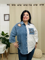 Curvy Top Denim White/Pink White