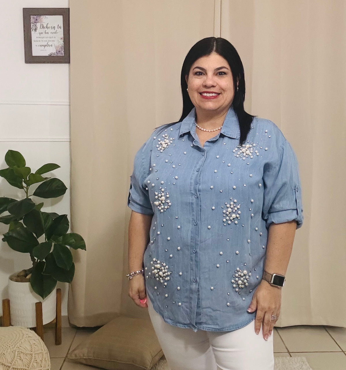 Curvy Top Denim Pearls