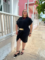 Curvy Gold Belted Black Dress